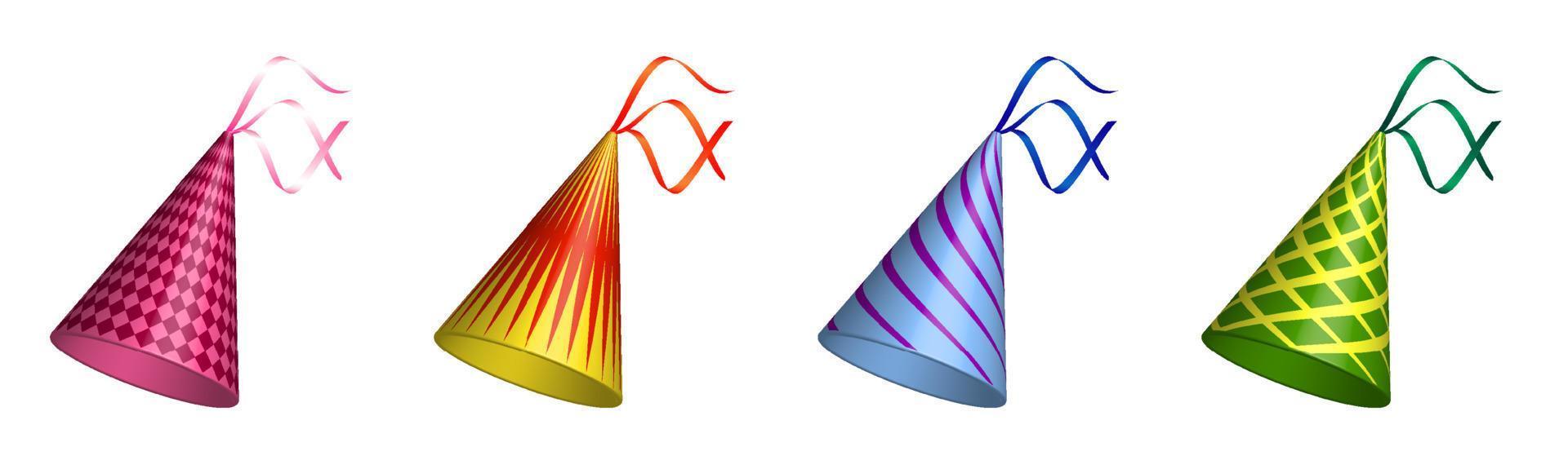 Satz gestreifte festliche Kegelkappen. Hüte für Feiertage und Geburtstag. Karnevalskleidung. Vektor