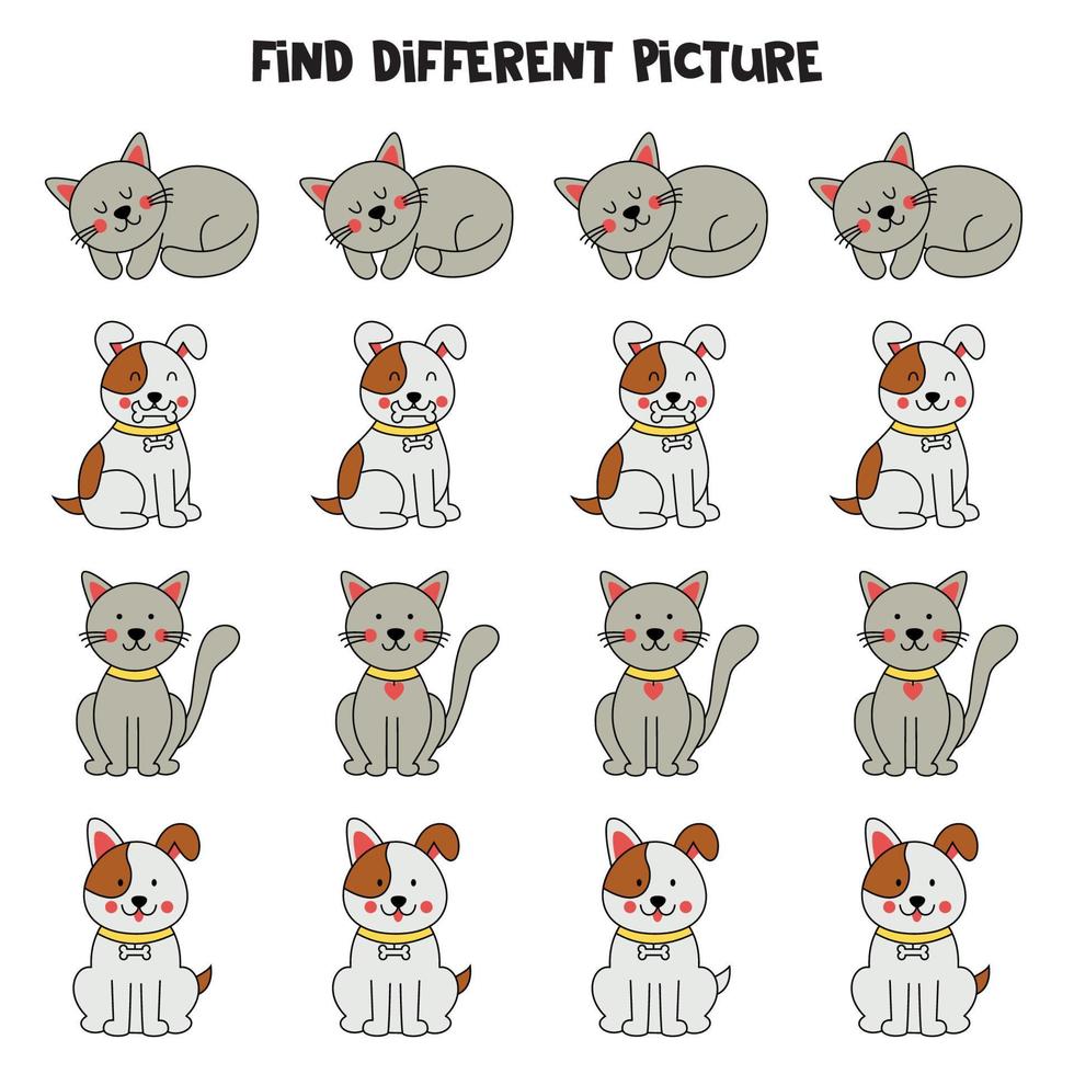 Finden Sie eine graue Katze oder einen grauen Hund, der sich von anderen unterscheidet. Arbeitsblatt für Kinder. vektor