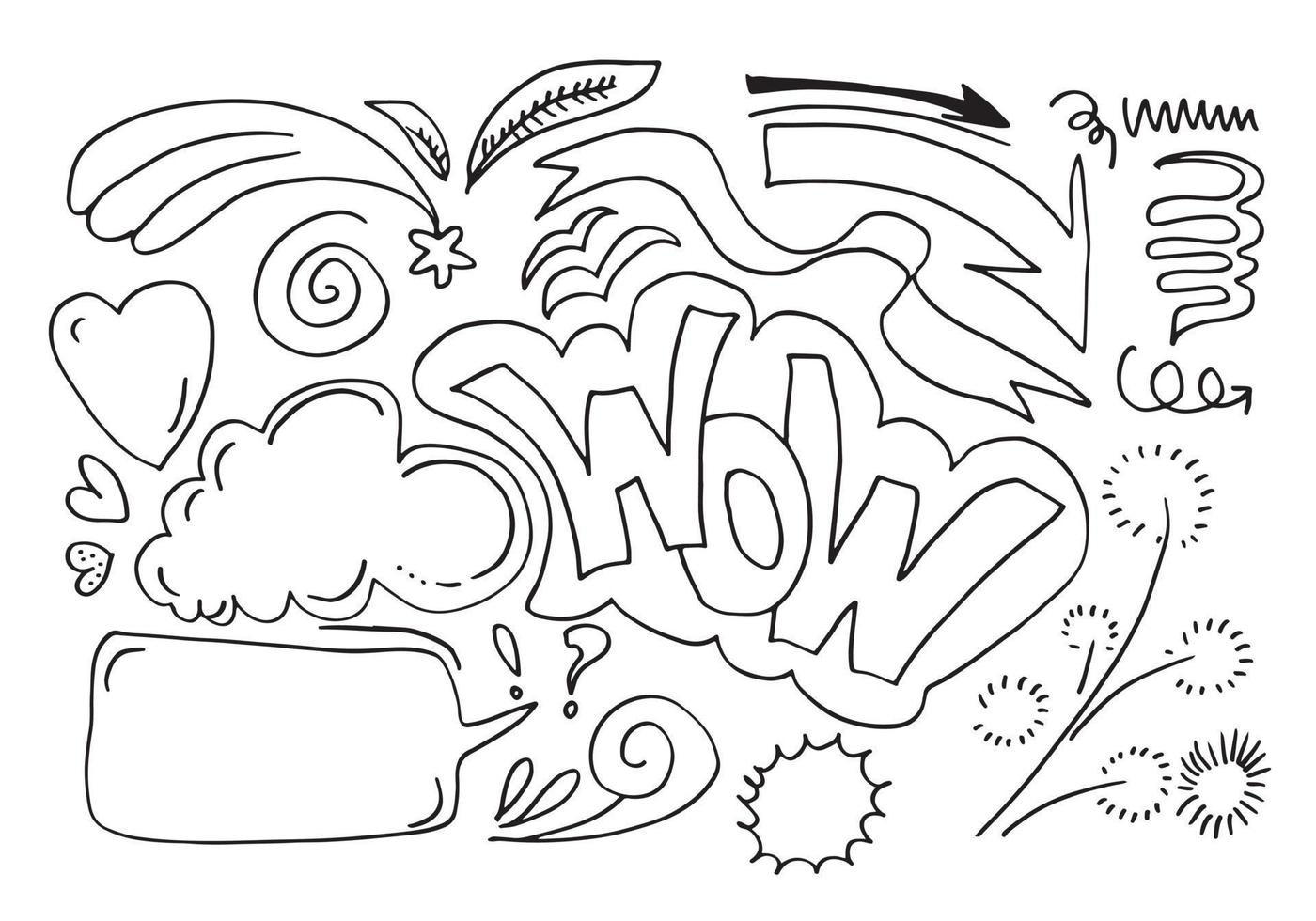 blätter, herzen, abstrakt, bänder, pfeile und andere elemente in handgezeichneten stilen für konzeptdesigns. Gekritzelillustration. Vektorvorlage für die Dekoration vektor