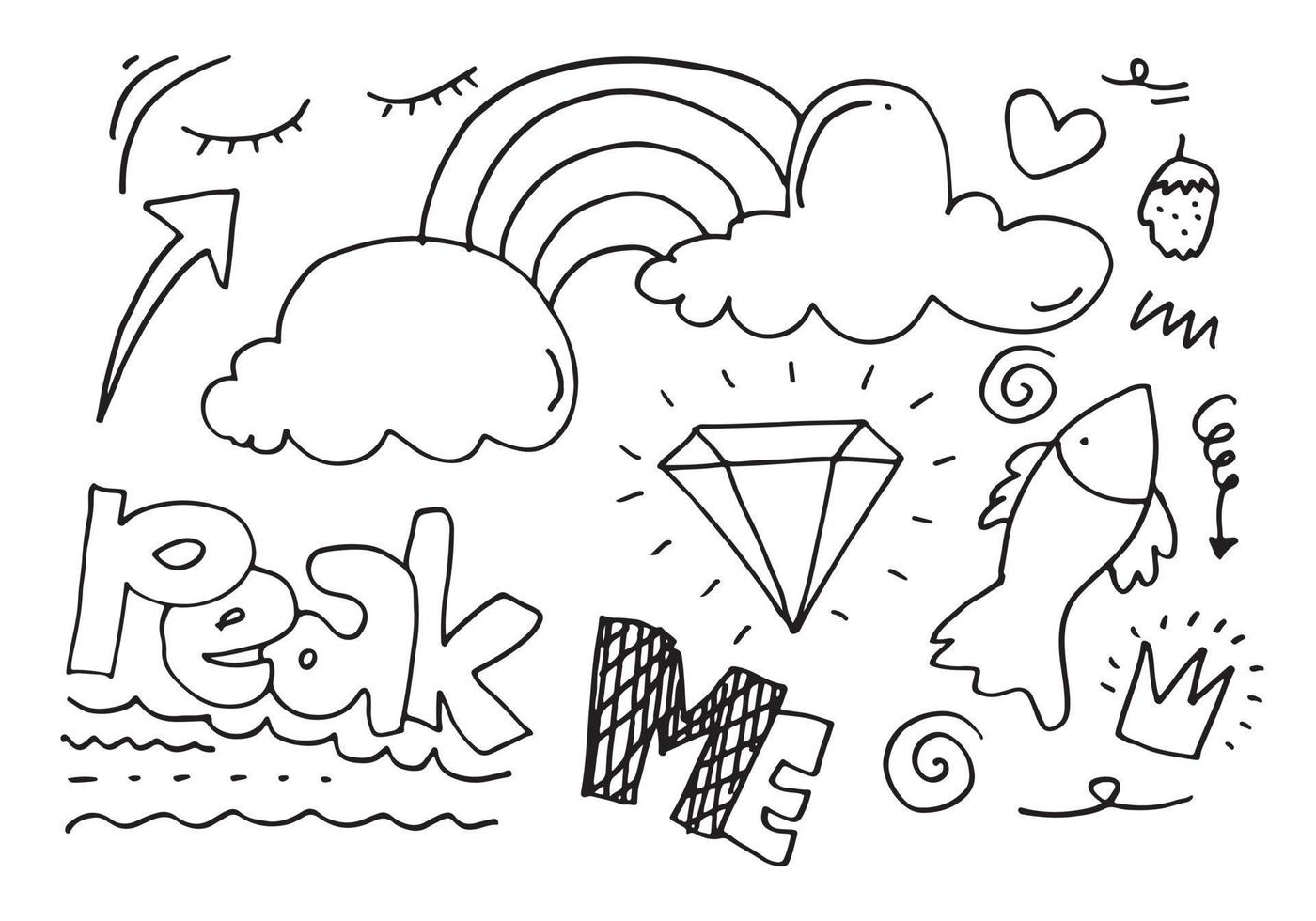 hand dragen uppsättning element, svart på vit bakgrund. regnbåge, pil, kung, betoning, moln, diamant, virvla runt, fisk, jordgubbe, och topp mig text för begrepp design. vektor
