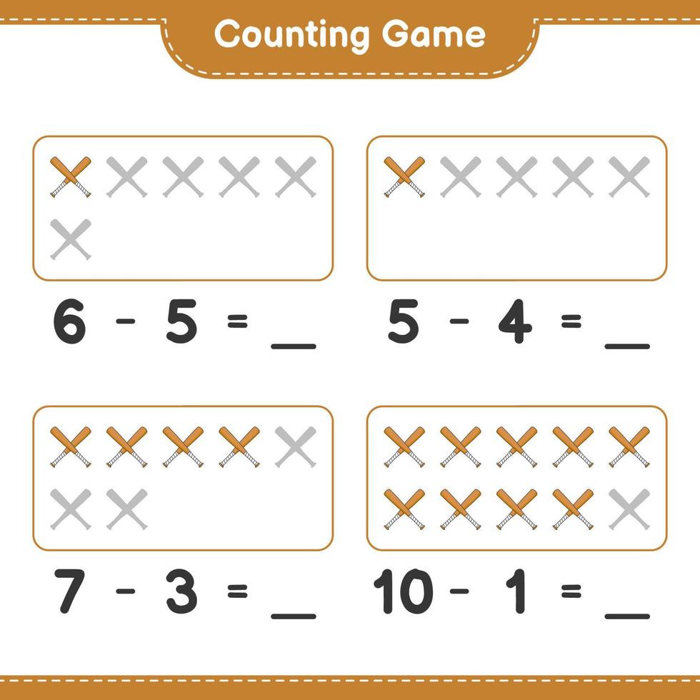 Zähle und kombiniere, zähle die Anzahl der Baseballschläger und kombiniere mit den richtigen Zahlen. pädagogisches kinderspiel, druckbares arbeitsblatt, vektorillustration vektor