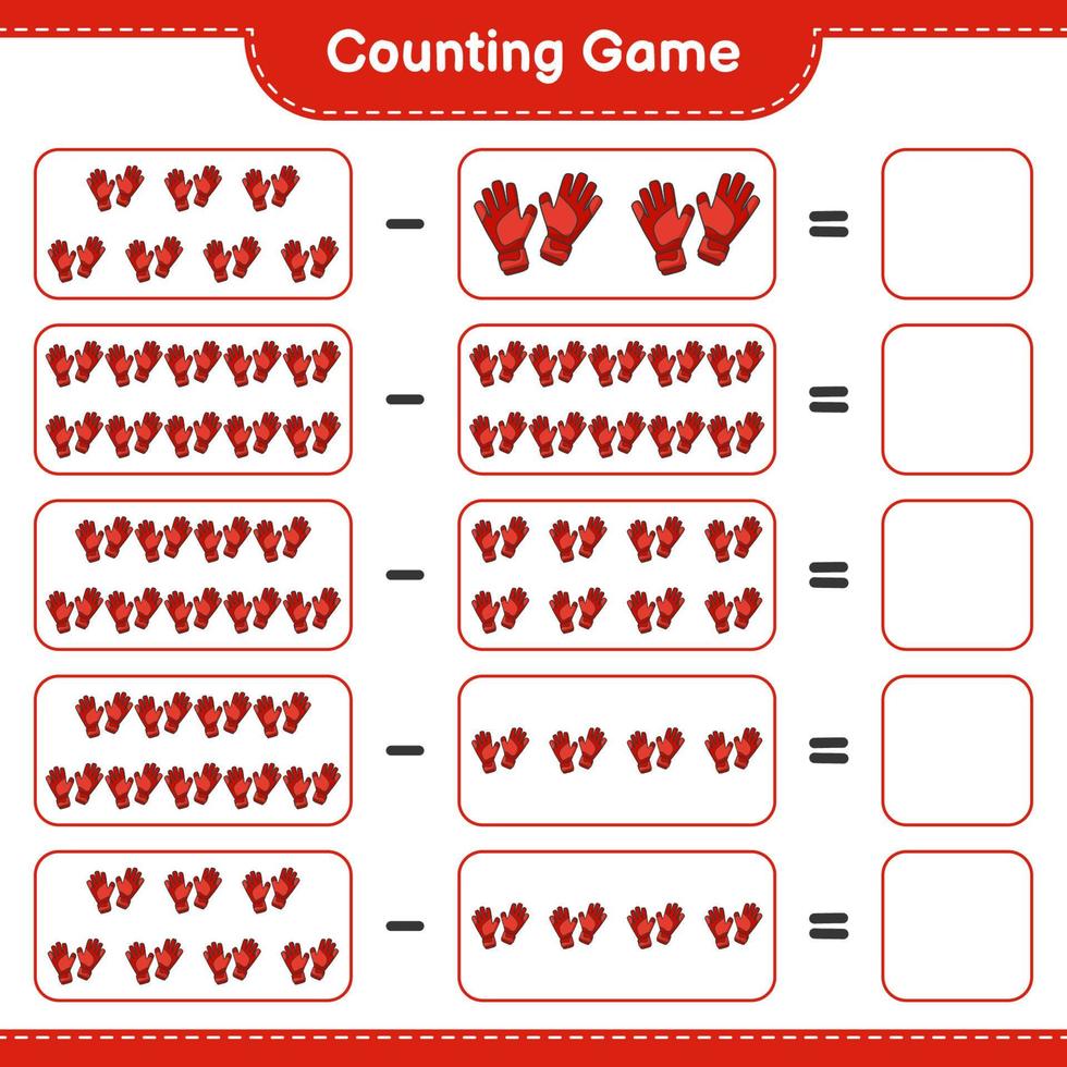 räkna och matcha, räkna antalet målvaktshandskar och matcha med rätt siffror. pedagogiskt barnspel, utskrivbart kalkylblad, vektorillustration vektor