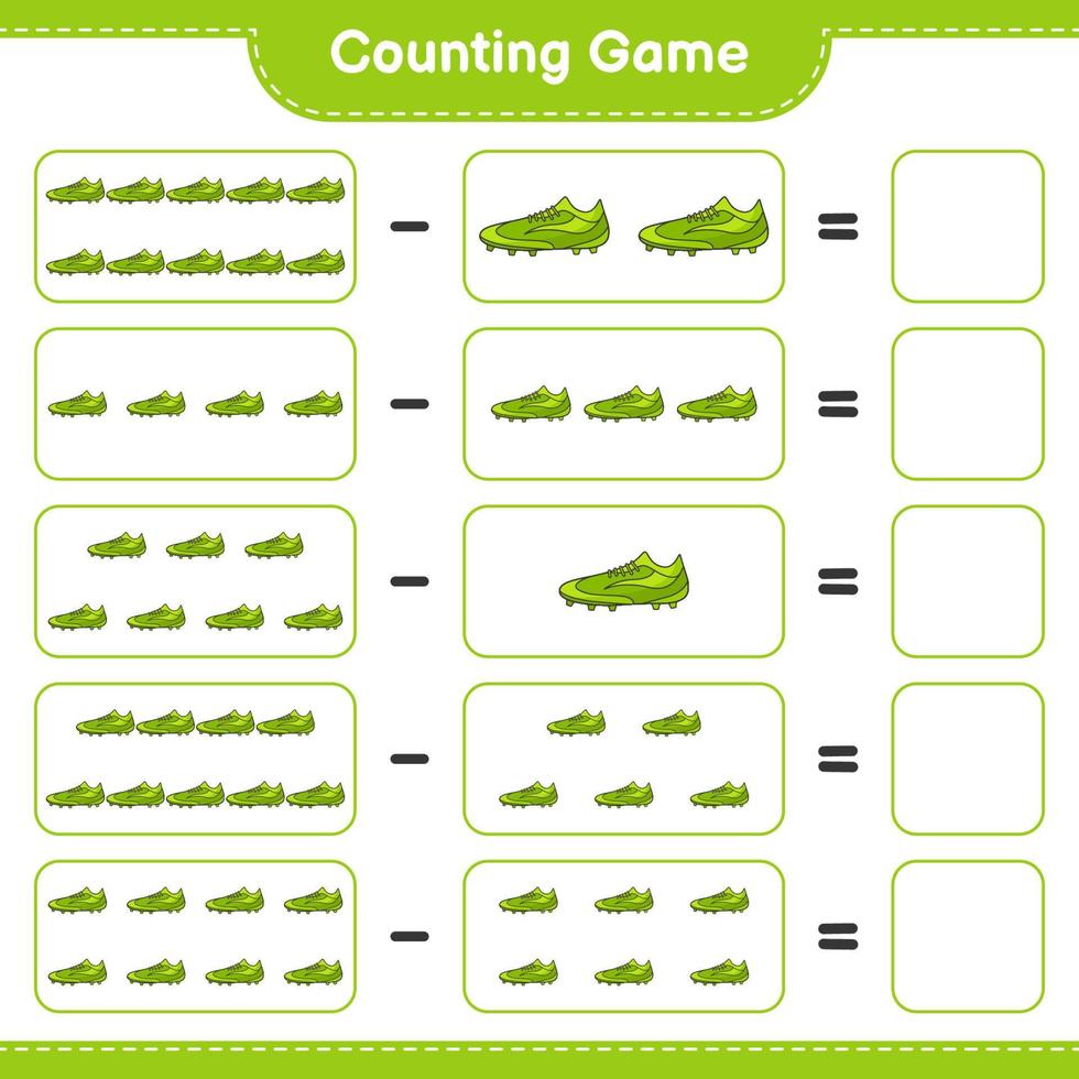 räkna och matcha, räkna antalet fotbollsskor och matcha med rätt siffror. pedagogiskt barnspel, utskrivbart kalkylblad, vektorillustration vektor