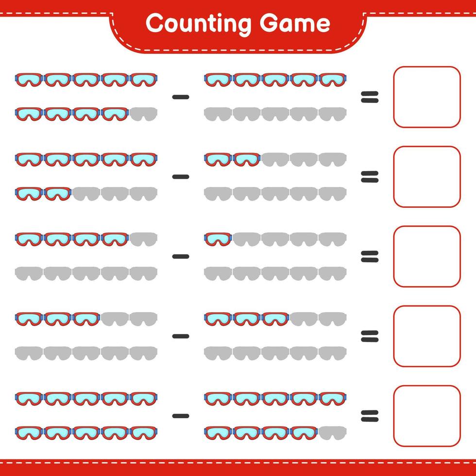 räkna och matcha, räkna antalet goggle och matcha med rätt siffror. pedagogiskt barnspel, utskrivbart kalkylblad, vektorillustration vektor