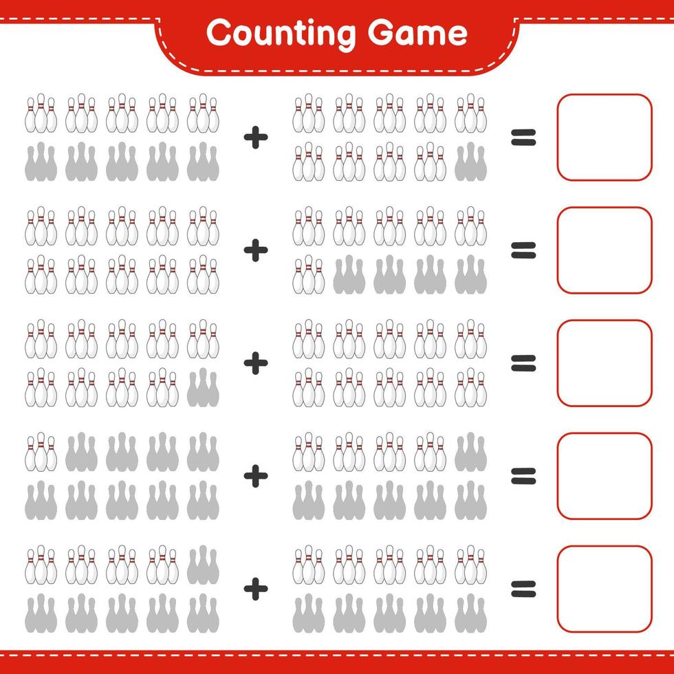 räkna och matcha, räkna antalet bowlingpinnar och matcha med rätt siffror. pedagogiskt barnspel, utskrivbart kalkylblad, vektorillustration vektor