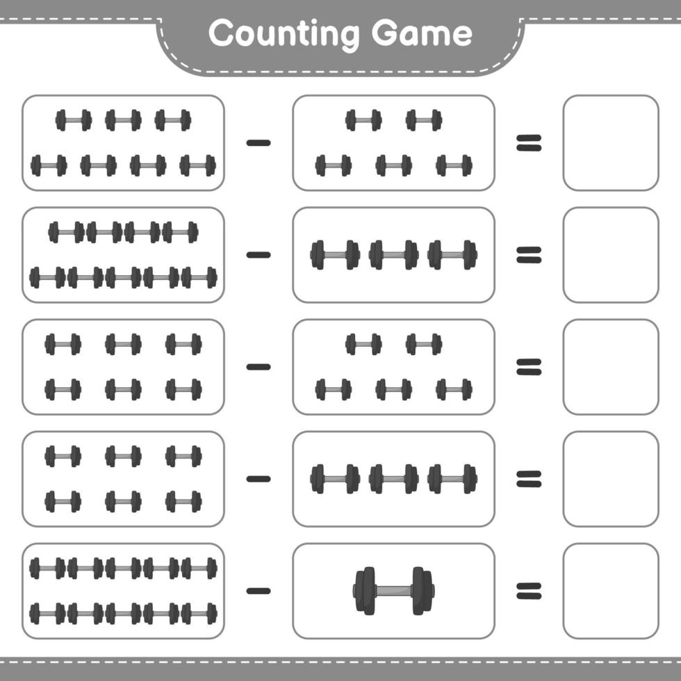Zähle und vergleiche, zähle die Anzahl der Hanteln und vergleiche sie mit den richtigen Zahlen. pädagogisches kinderspiel, druckbares arbeitsblatt, vektorillustration vektor