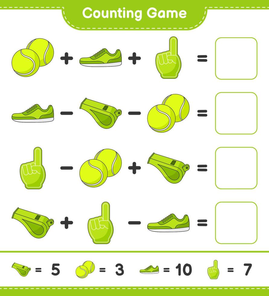 räkna och matcha, räkna antalet skumfinger, visselpipa, tennisboll, sneaker och matcha med rätt siffror. pedagogiskt barnspel, utskrivbart kalkylblad, vektorillustration vektor