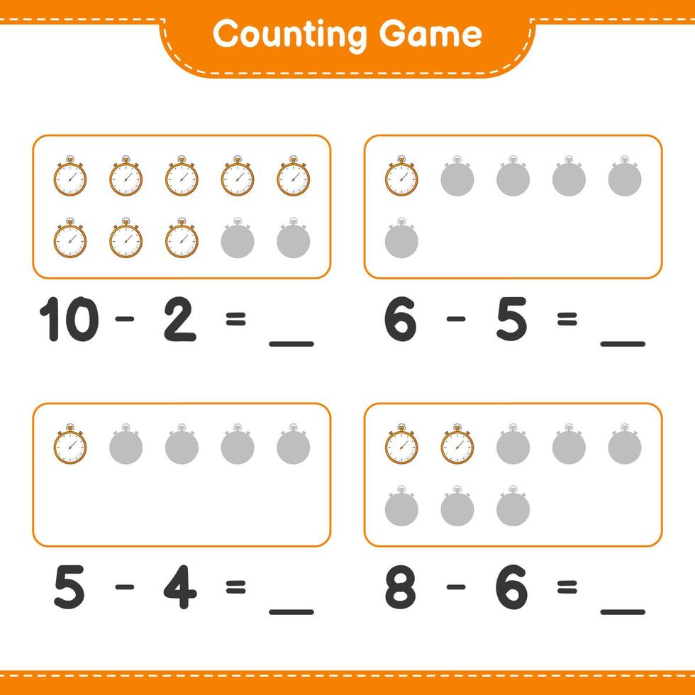räkna och matcha, räkna antalet stoppur och matcha med rätt siffror. pedagogiskt barnspel, utskrivbart kalkylblad, vektorillustration vektor