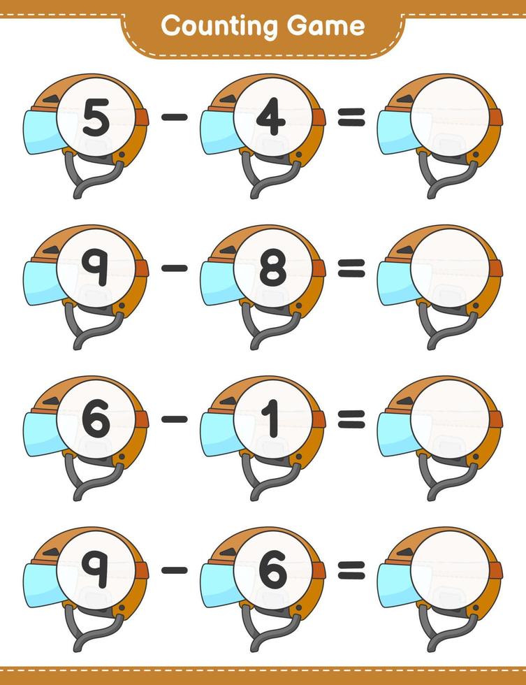 räkna och matcha, räkna antalet hockeyhjälmar och matcha med rätt siffror. pedagogiskt barnspel, utskrivbart kalkylblad, vektorillustration vektor