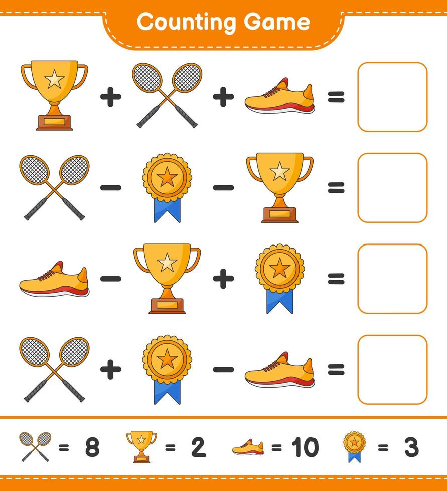 räkna och matcha, räkna antal troféer, löparskor, badmintonracketar och matcha med rätt nummer. pedagogiskt barnspel, utskrivbart kalkylblad, vektorillustration vektor