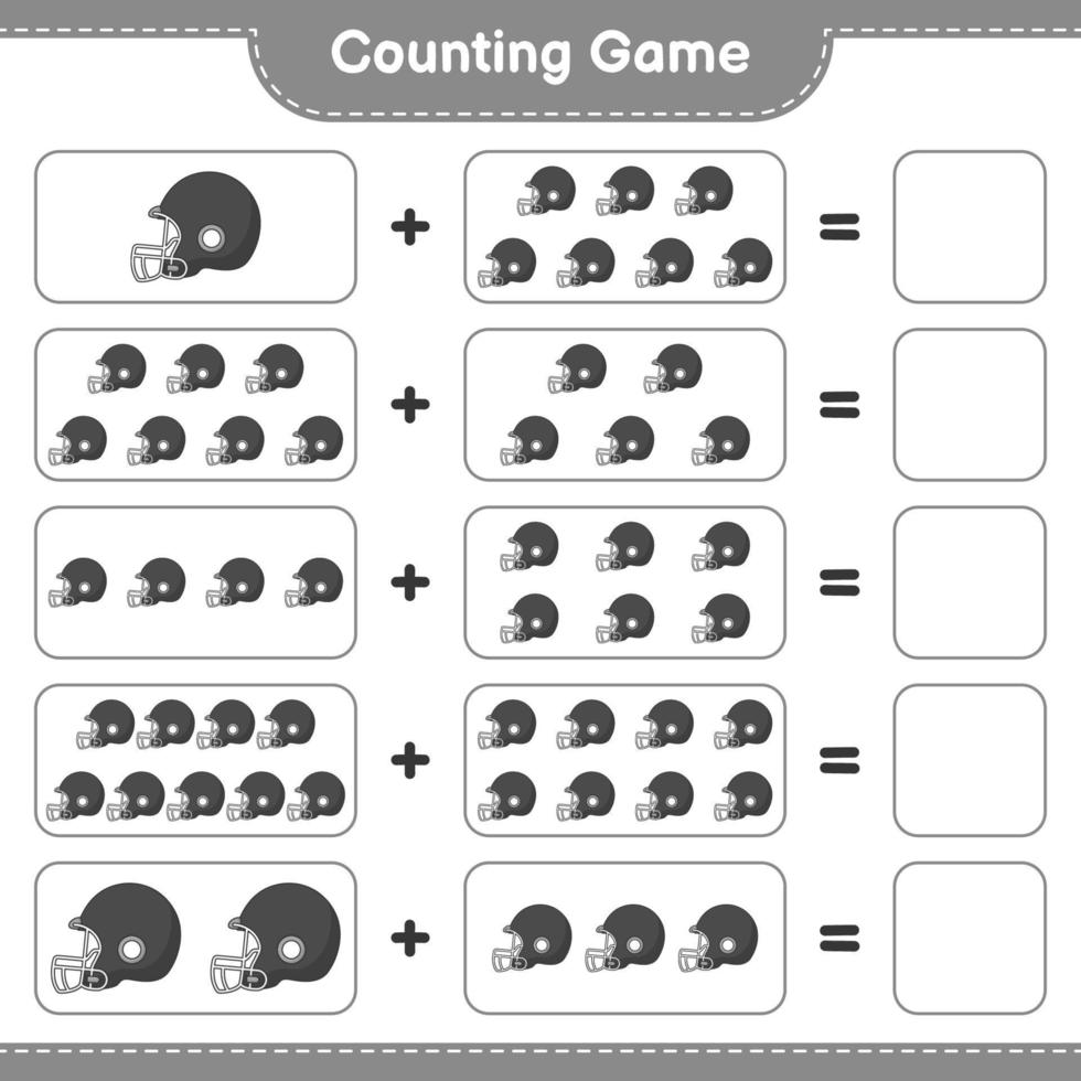 Zähle und kombiniere, zähle die Anzahl der Footballhelme und vergleiche sie mit den richtigen Zahlen. pädagogisches kinderspiel, druckbares arbeitsblatt, vektorillustration vektor