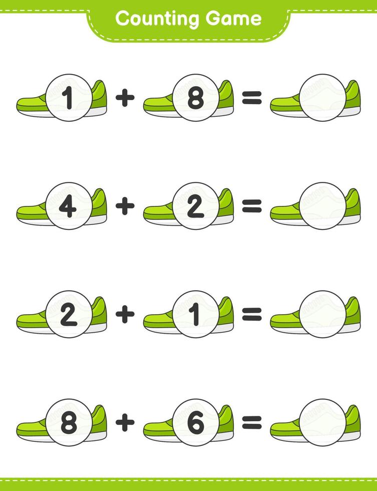 räkna och matcha, räkna antalet sneaker och matcha med rätt siffror. pedagogiskt barnspel, utskrivbart kalkylblad, vektorillustration vektor