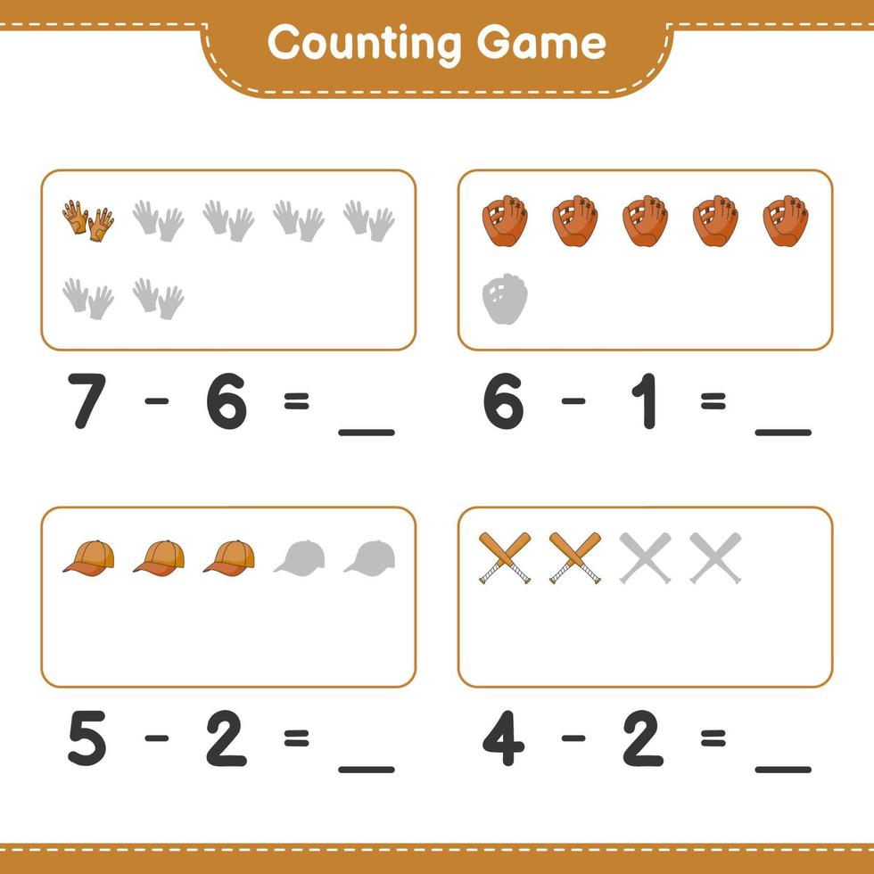 räkna och matcha, räkna antalet baseballhandskar, golfhandskar, kepsmössa, basebollträ och matcha med rätt siffror. pedagogiskt barnspel, utskrivbart kalkylblad, vektorillustration vektor