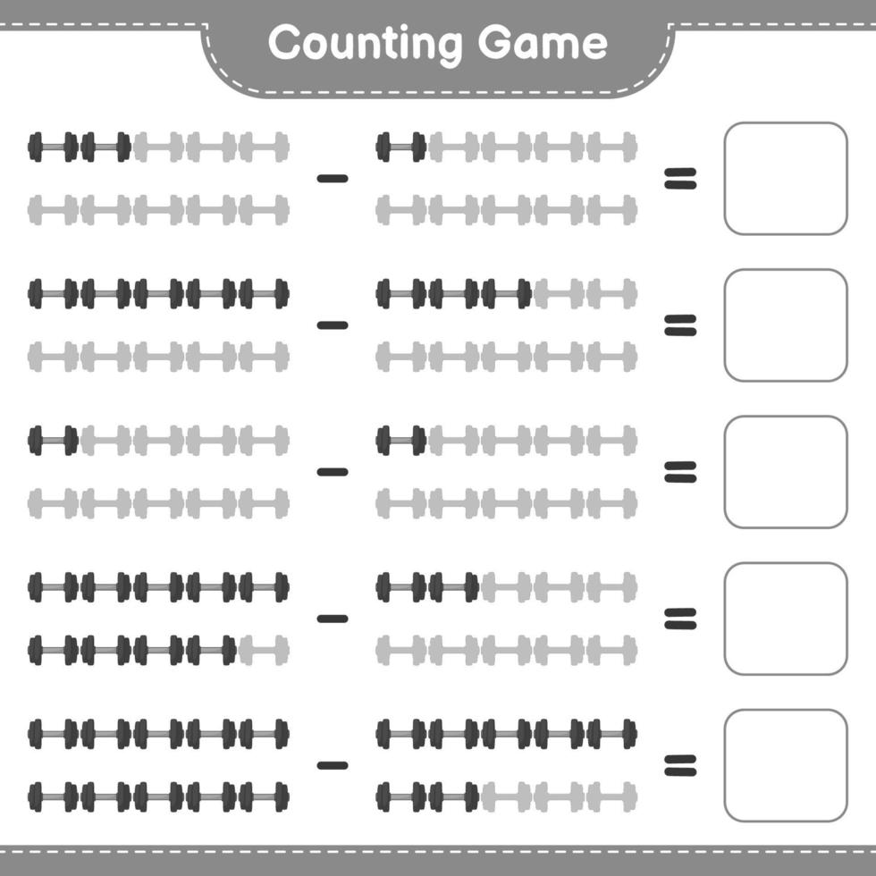 Zähle und vergleiche, zähle die Anzahl der Hanteln und vergleiche sie mit den richtigen Zahlen. pädagogisches kinderspiel, druckbares arbeitsblatt, vektorillustration vektor