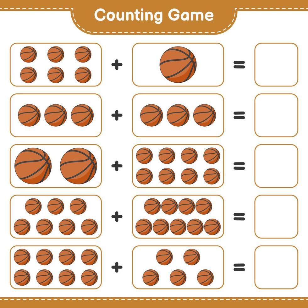 Zähle und kombiniere, zähle die Anzahl der Basketball und kombiniere mit den richtigen Zahlen. pädagogisches kinderspiel, druckbares arbeitsblatt, vektorillustration vektor