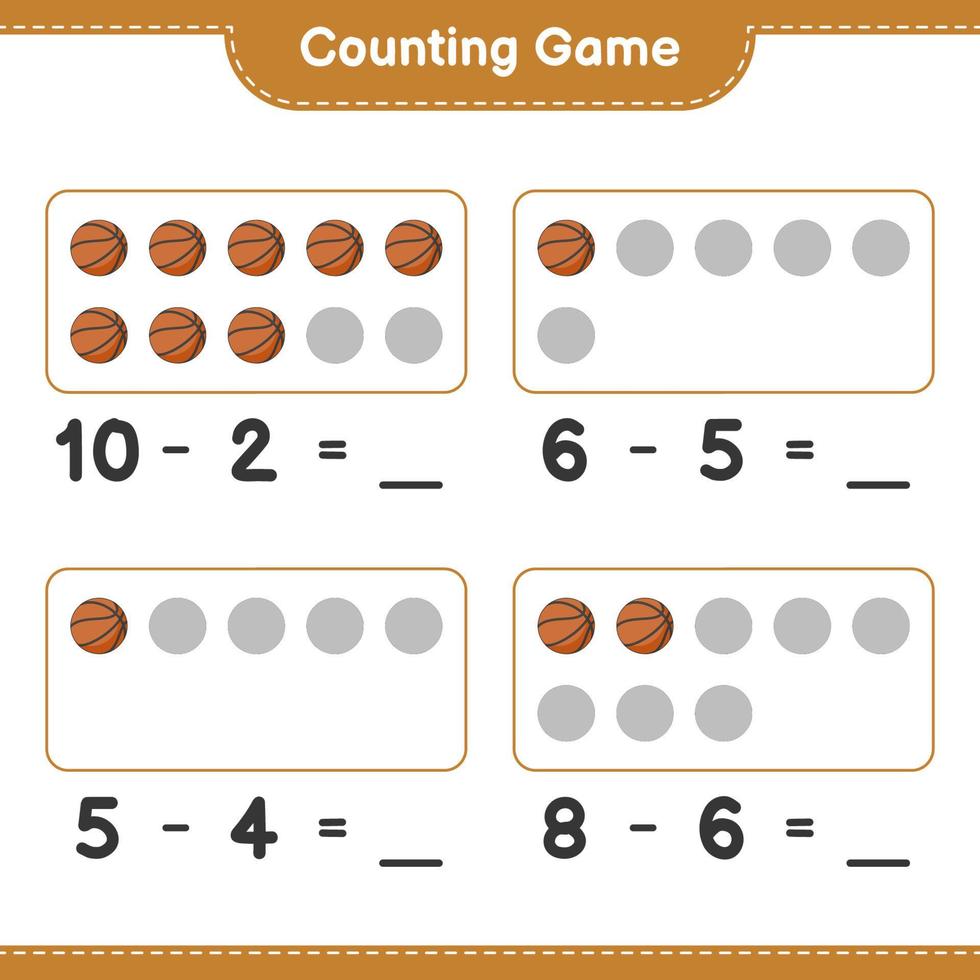 Zähle und kombiniere, zähle die Anzahl der Basketball und kombiniere mit den richtigen Zahlen. pädagogisches kinderspiel, druckbares arbeitsblatt, vektorillustration vektor