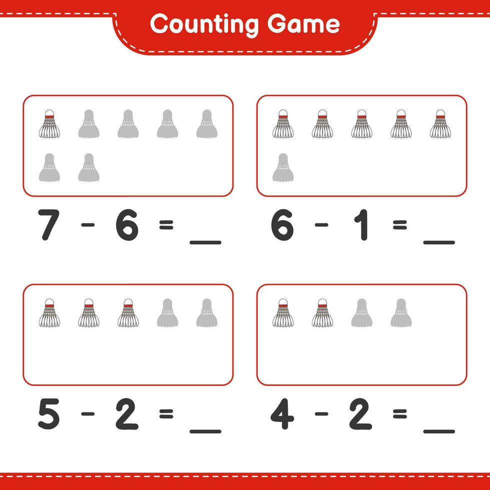 räkna och matcha, räkna antalet fjäderboll och matcha med rätt siffror. pedagogiskt barnspel, utskrivbart kalkylblad, vektorillustration vektor