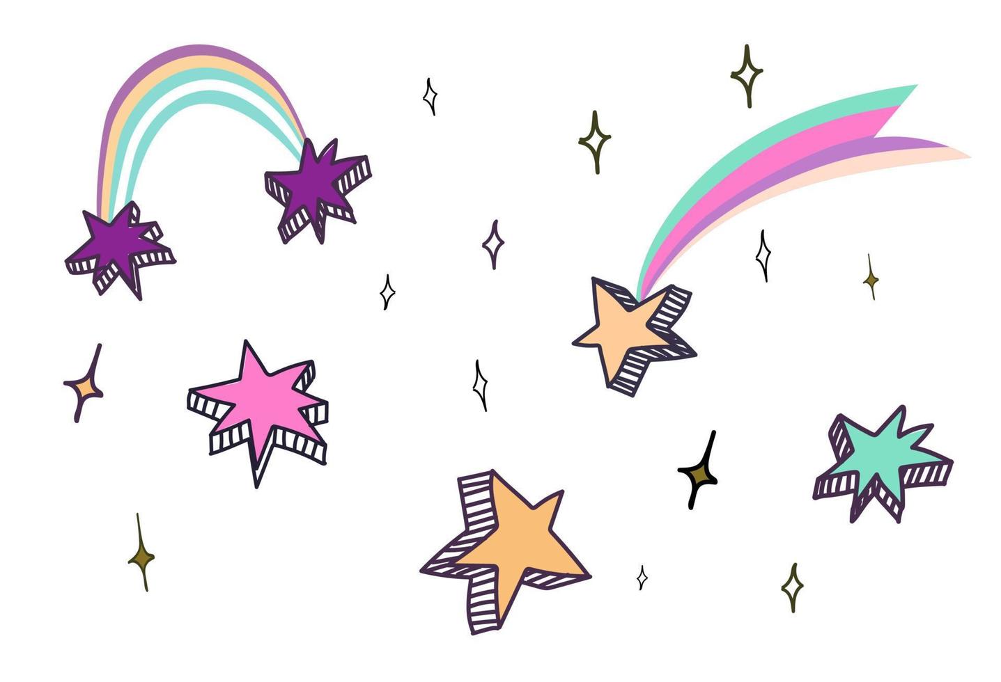 Reihe von gezeichneten Sternen und Regenbögen im Doodle-Stil der 80er Jahre. vektor
