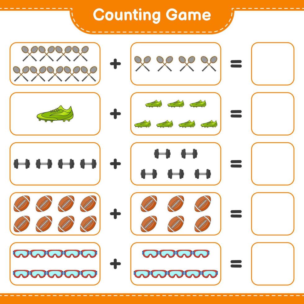 räkna och match, räkna de siffra av badminton racketar, hantel, rugby boll, goggla, fotboll skor och match med de rätt tal. pedagogisk barn spel, tryckbar arbetsblad, vektor illustration