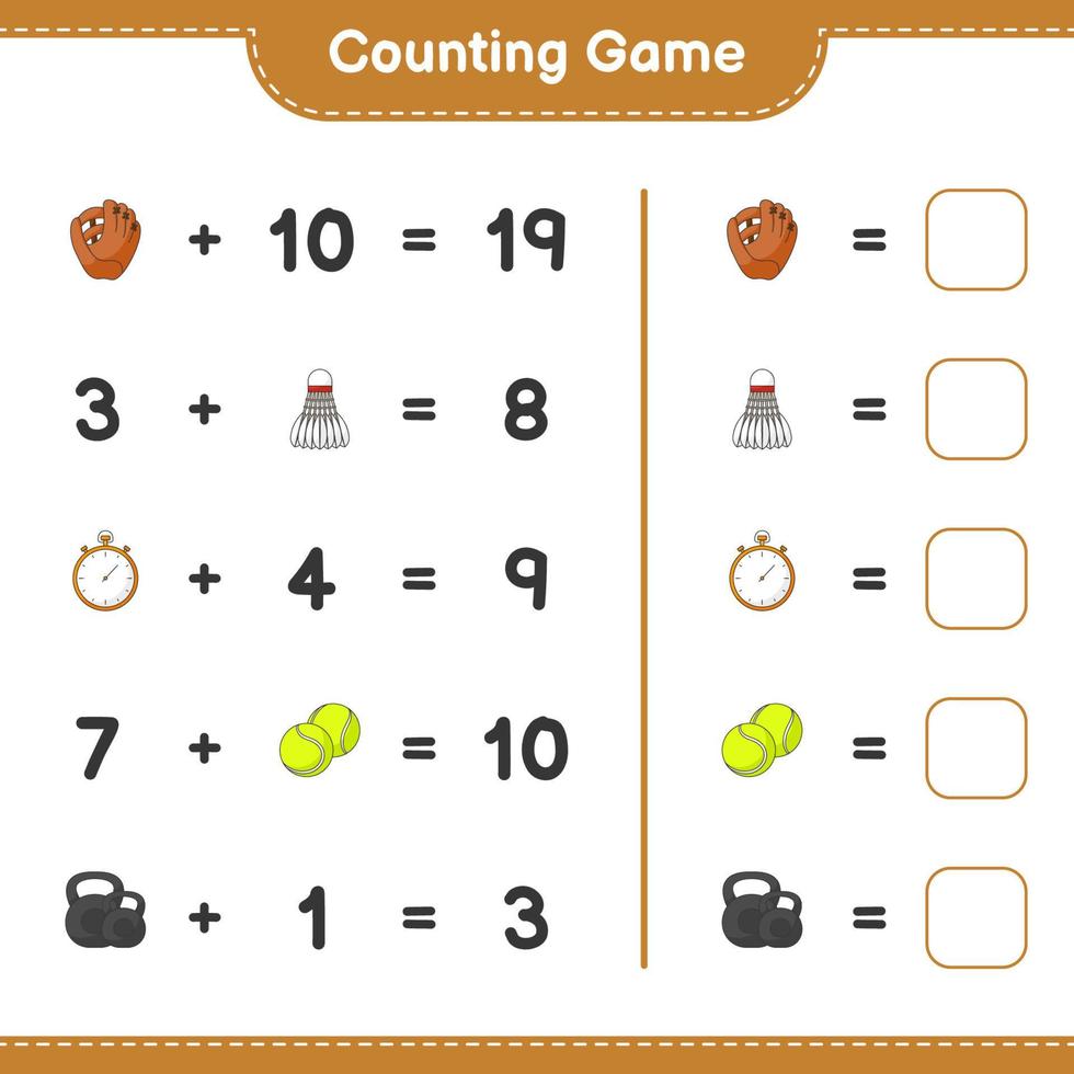 räkna och match, räkna de siffra av baseboll handske, stoppur, tennis boll, hantel, fjäderboll och match med de rätt tal. pedagogisk barn spel, tryckbar arbetsblad, vektor illustration