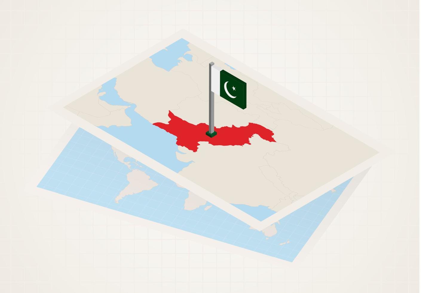 pakistan auf karte mit isometrischer flagge pakistans ausgewählt. vektor