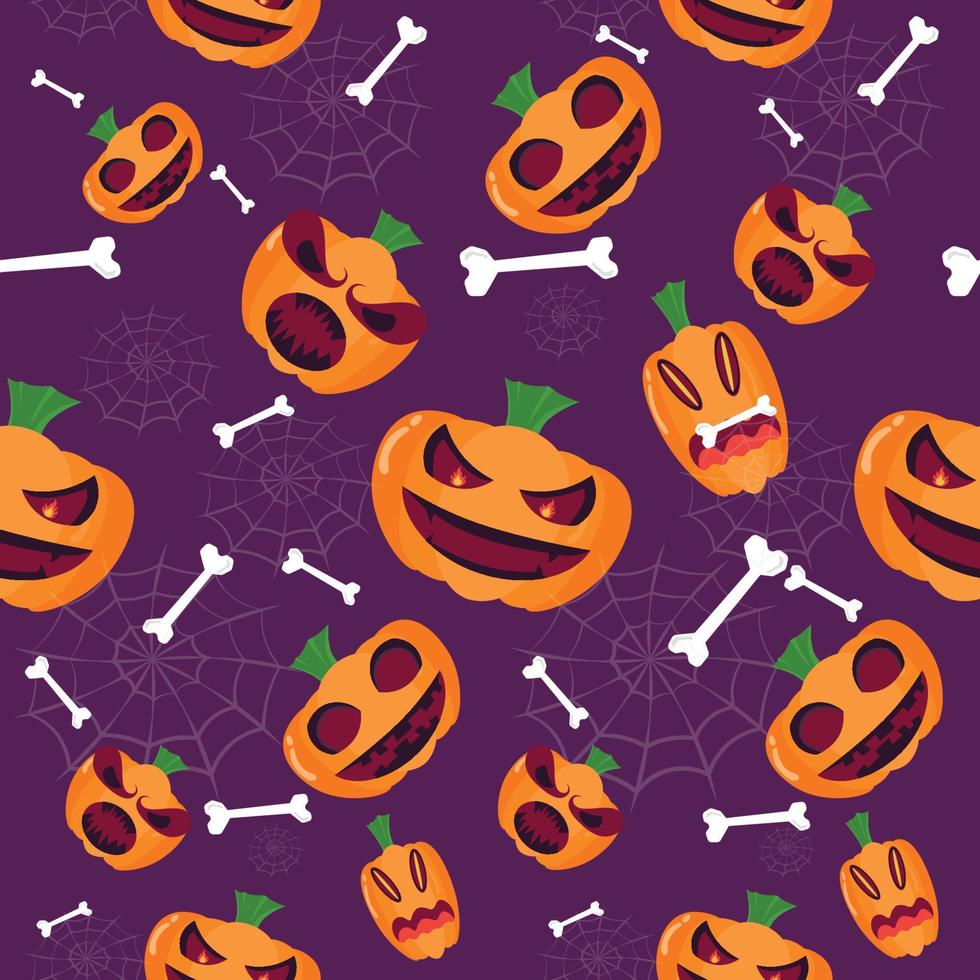 Nahtloses Muster von Halloween-Kürbissen mit Knochen und Spinnweben auf violettem Hintergrund, lustige Gesichter von Cartoon-Geistern. Orangefarbener Kürbis mit Lächeln in den Herbstferien. Vektorgrafik eps10 vektor