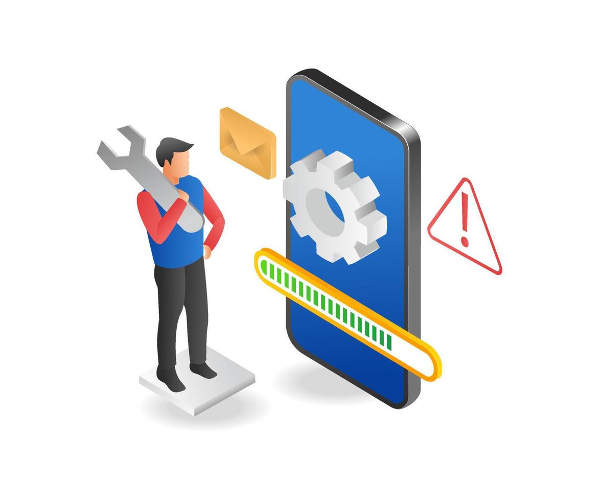 män upprätthålla och uppgradera smartphone appar vektor