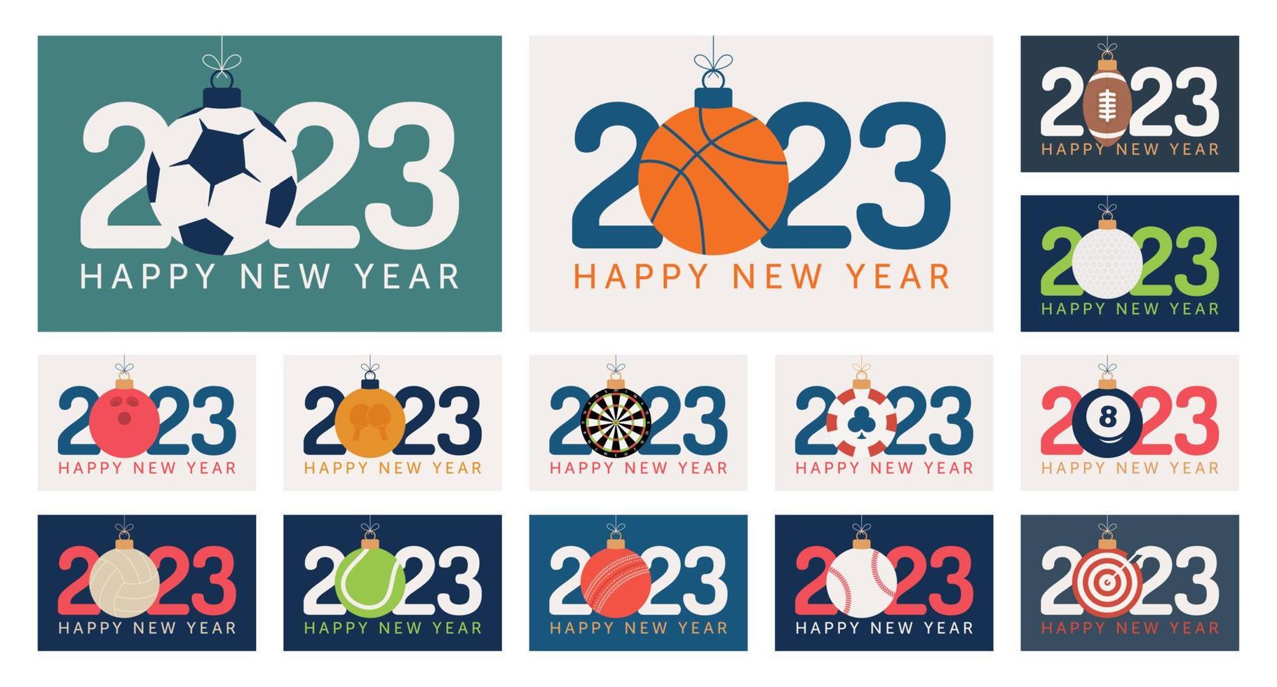 2023 ny år och jul sport baner uppsättning. samling av jul hälsning kort med sport boll som en xmas boll på bakgrund med siffra 2023. vektor illustration uppsättning