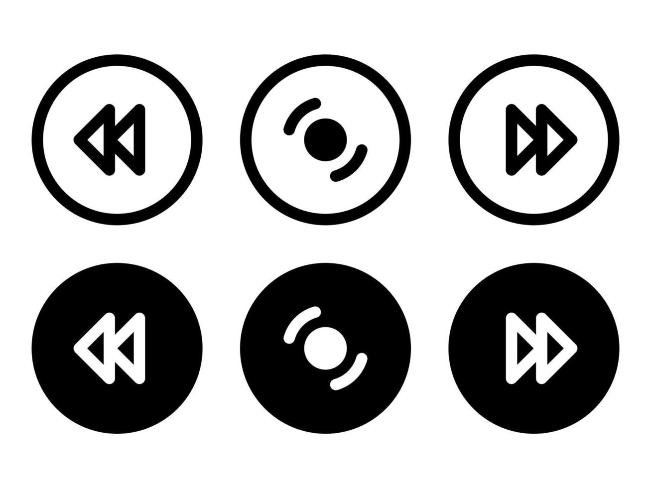 uppsättning av media spelare ikoner i modern stil ikoner är belägen på vit och svart bakgrunder. de packa har sex ikoner. vektor