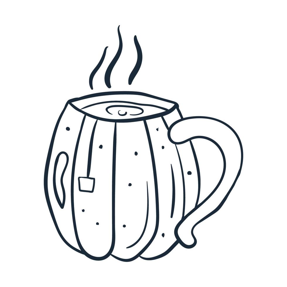 en kopp av kaffe i de form av en pumpa linje konst . vektor illustration med klotter på de tema av mysigt höst.a söt element för hälsning kort, affischer, klistermärken och säsong- design.