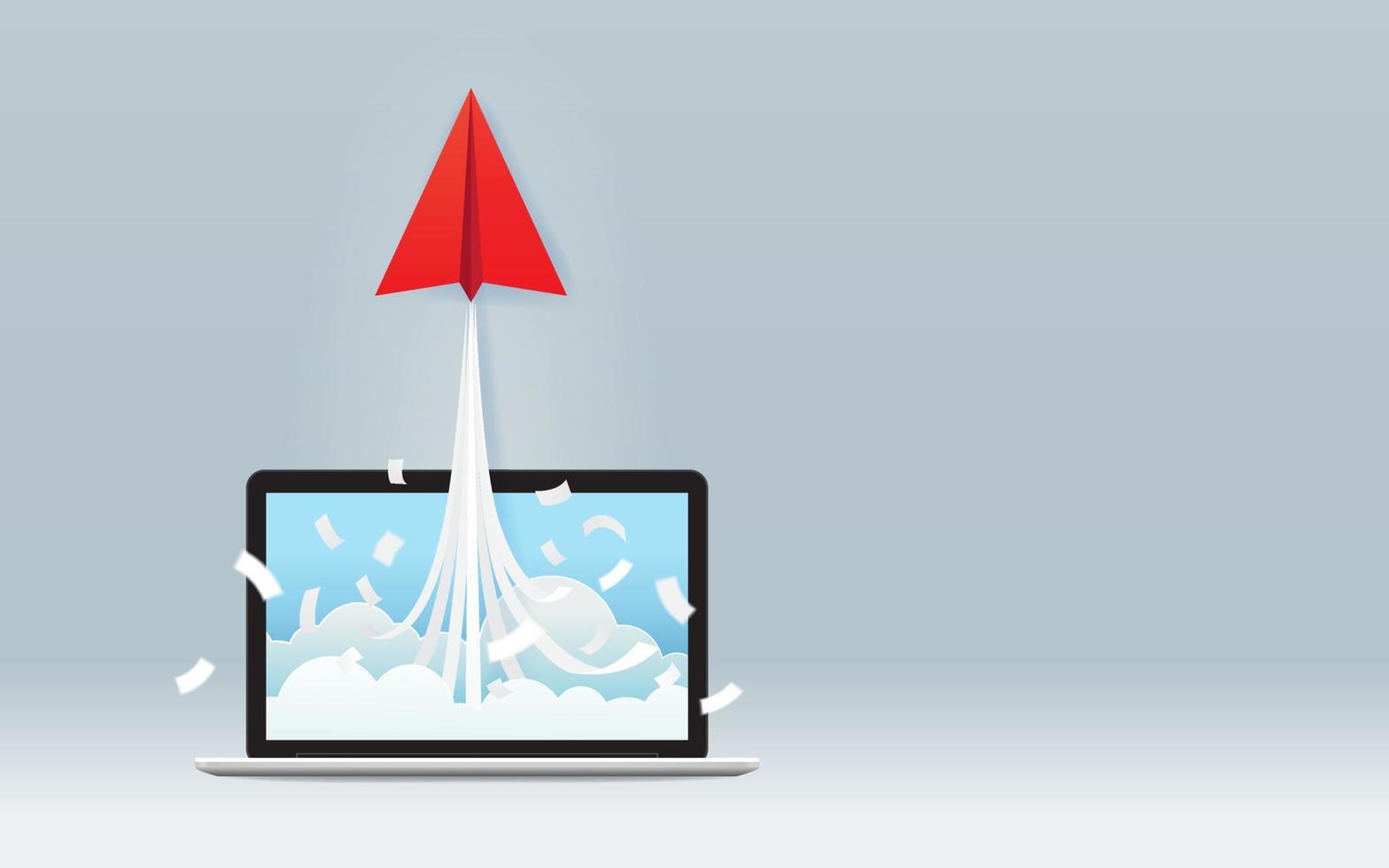 Startup-Business-Projektkonzept mit rotem Papierflieger-Start vom Laptop-Bildschirm auf grauem Hintergrund vektor