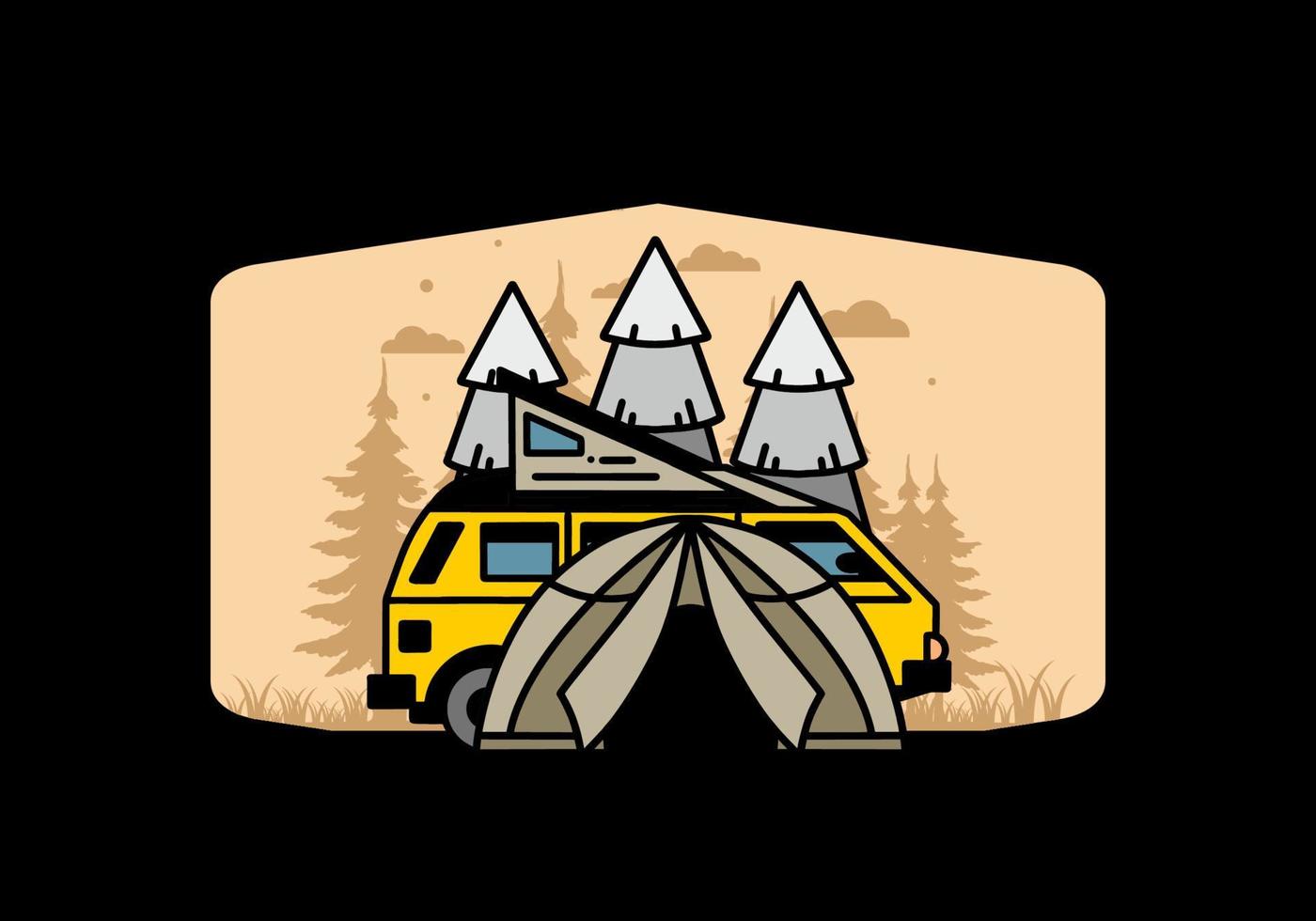 camping mit zelt- und autoillustrationsdesign vektor