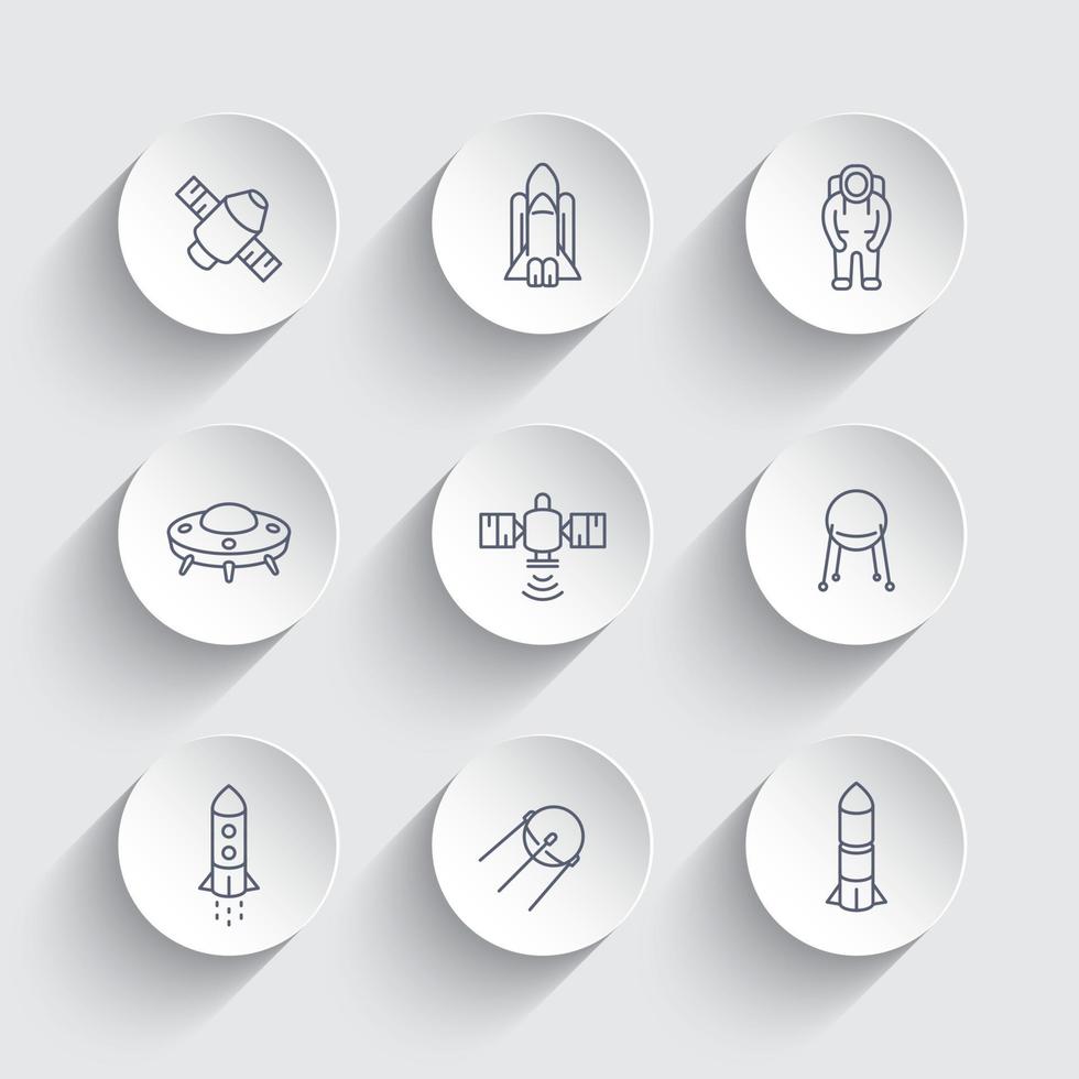 Plats linje ikoner på runda 3d former, satellit, astronaut, Plats skyttel, rymdskepp, raket, vektor illustration