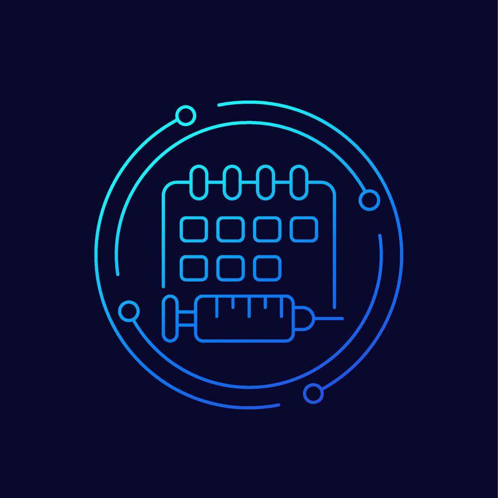 immunisering schema linje ikon med kalender och vaccin, vektor