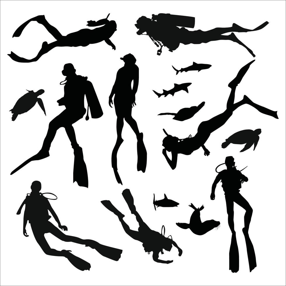 Tauchen Silhouette Vektor-Illustration isoliert auf weißem Hintergrund. Sport unter Wasser, See, Meer, Handschuh und Taschenlampe, Maske und Schnorchel. Tauchschule, Tauchschule. Strandspaß, Angeln, Schwimmen vektor