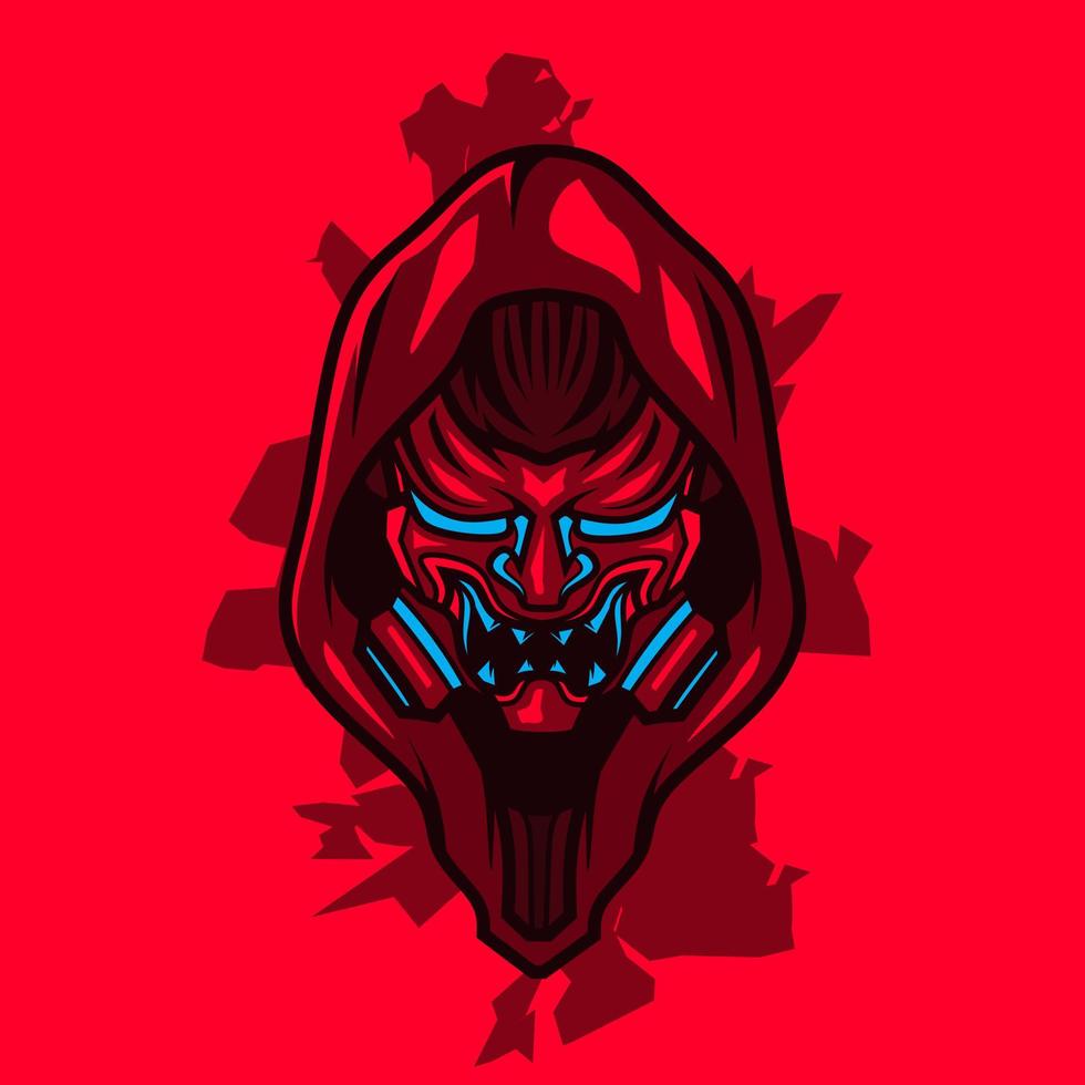 Samurai-Kopf-Cyberpunk-Logo-Vektor-Fiction-bunte Design-Illustration mit rotem Hintergrund. vektor