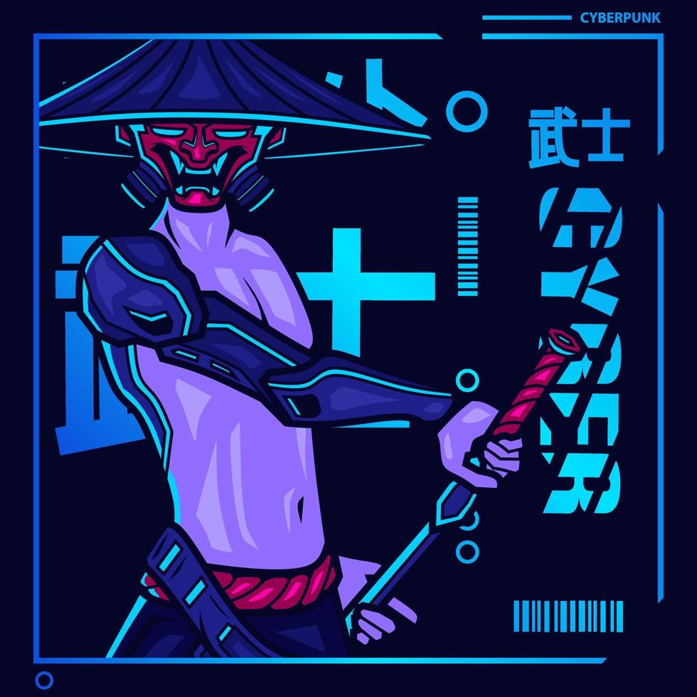 Samurai-Cyberpunk-Fiction-Charaktervektor. bunte T-Shirt-Designillustration. Übersetzungsroboter Samurai-Roboter. vektor