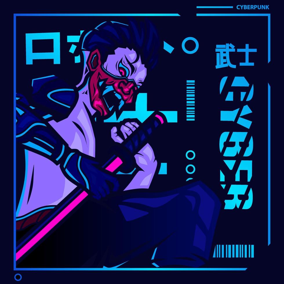 Samurai-Cyberpunk-Fiction-Charaktervektor. bunte T-Shirt-Designillustration. Übersetzungsroboter Samurai-Roboter. vektor