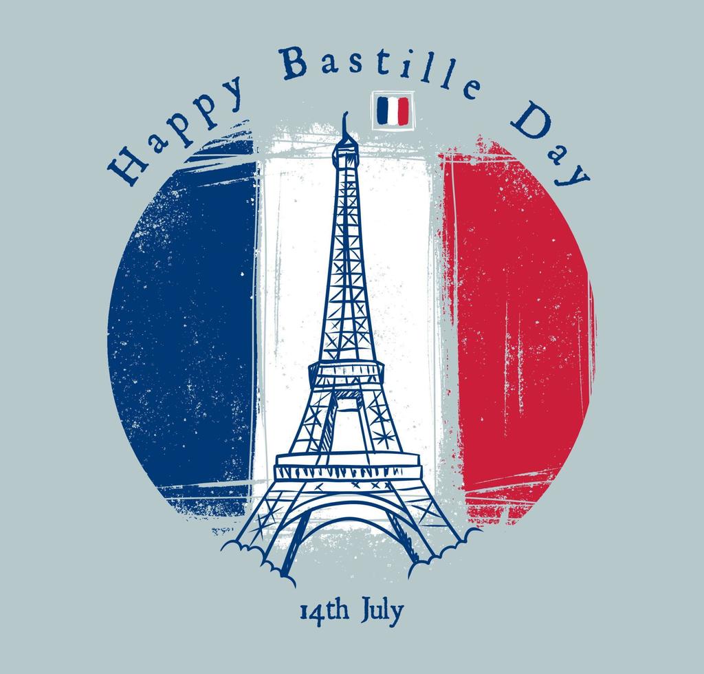 bastille dag med Frankrike grunge flagga och eiffel torn bakgrund vektor