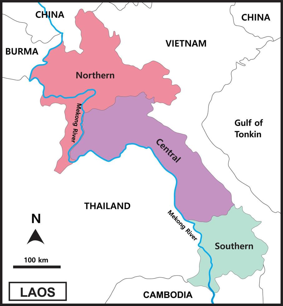 Karte von Laos umfasst Regionen, Mekong, Grenzländer, Thailand, Kambodscha, Burma, China und Vietnam vektor