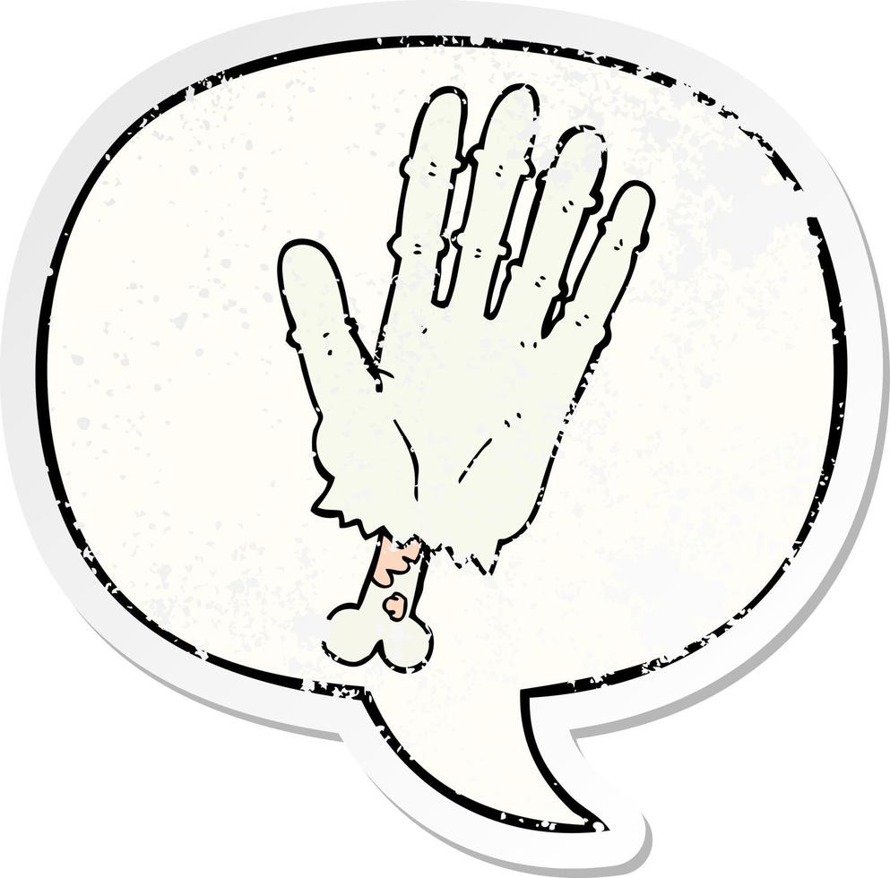 Cartoon-Zombie-Hand und Sprechblase beunruhigter Aufkleber vektor