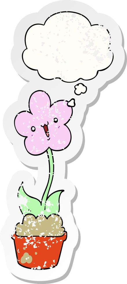 niedliche Cartoon-Blume und Gedankenblase als beunruhigter, abgenutzter Aufkleber vektor