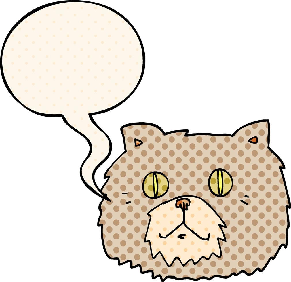 tecknad katt ansikte och pratbubbla i serietidning stil vektor