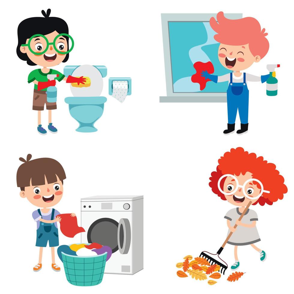 uppsättning av barn håller på med olika hushållsarbete vektor