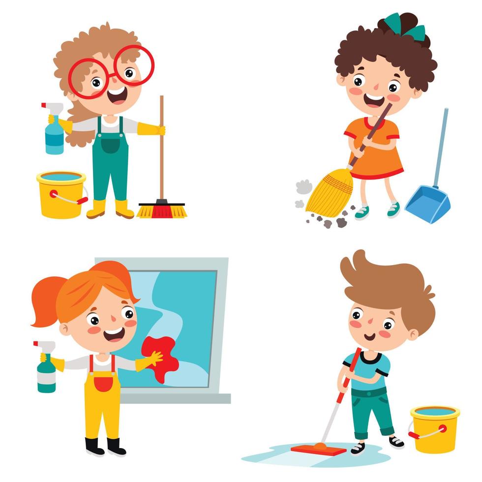 uppsättning av barn håller på med olika hushållsarbete vektor
