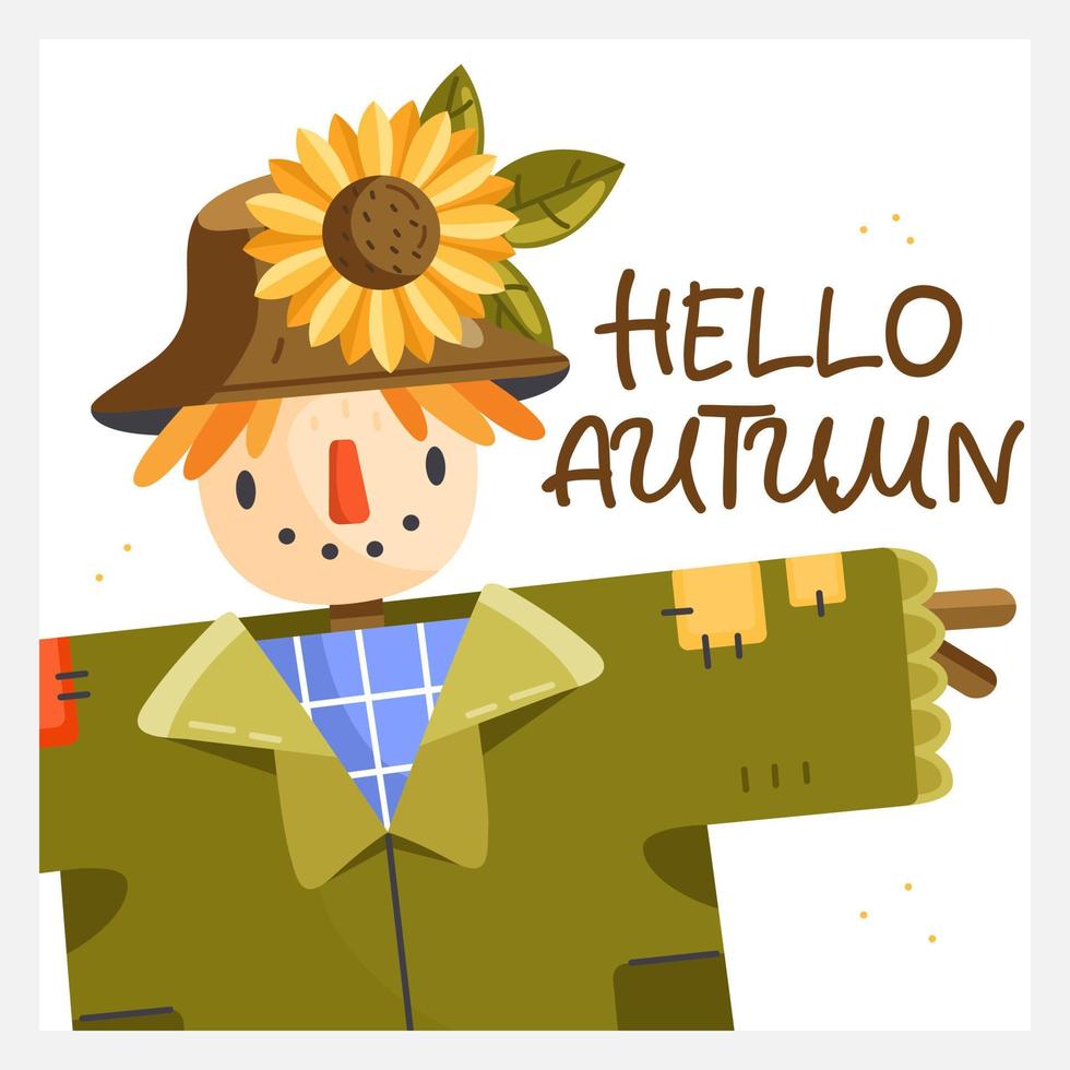 Hallo Herbst-Grußkarte mit Cartoon-Vogelscheuche. Vektor-Herbst-Poster-Illustration. vektor