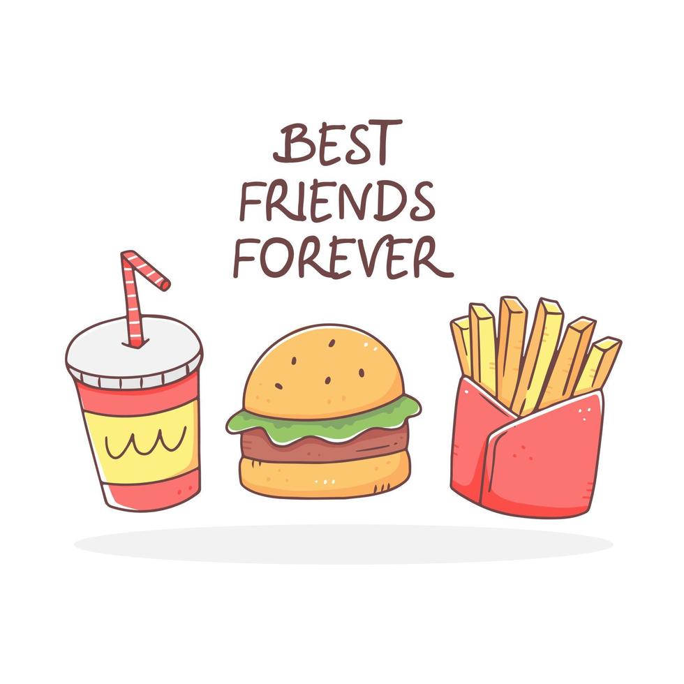 Burger Soda und Pommes Frites mit dem Text sind für immer beste Freunde. Fast Food im Cartoon-Doodle-Stil. vektor isolierte junk-food-konzeptillustration.