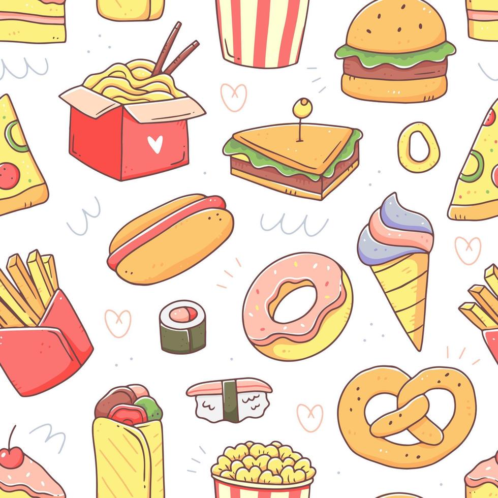 fast-food-nahtloses muster im niedlichen kawaii-doodle-stil. Vektor-Junk-Food-Illustrationshintergrund. vektor