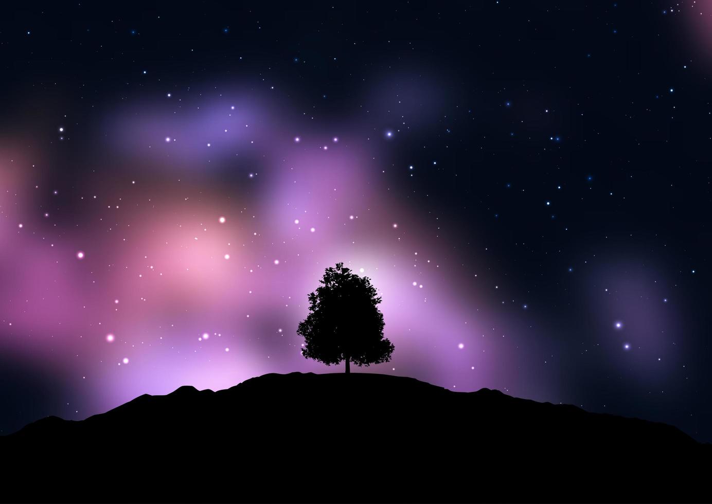 Baum gegen einen Sternenhimmel silhouettiert vektor