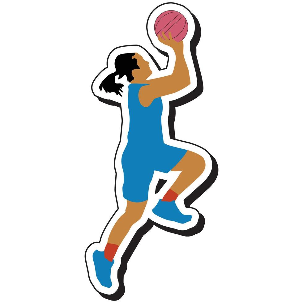 illustration klistermärke, basketboll flicka utgör hoppa kasta boll vektor